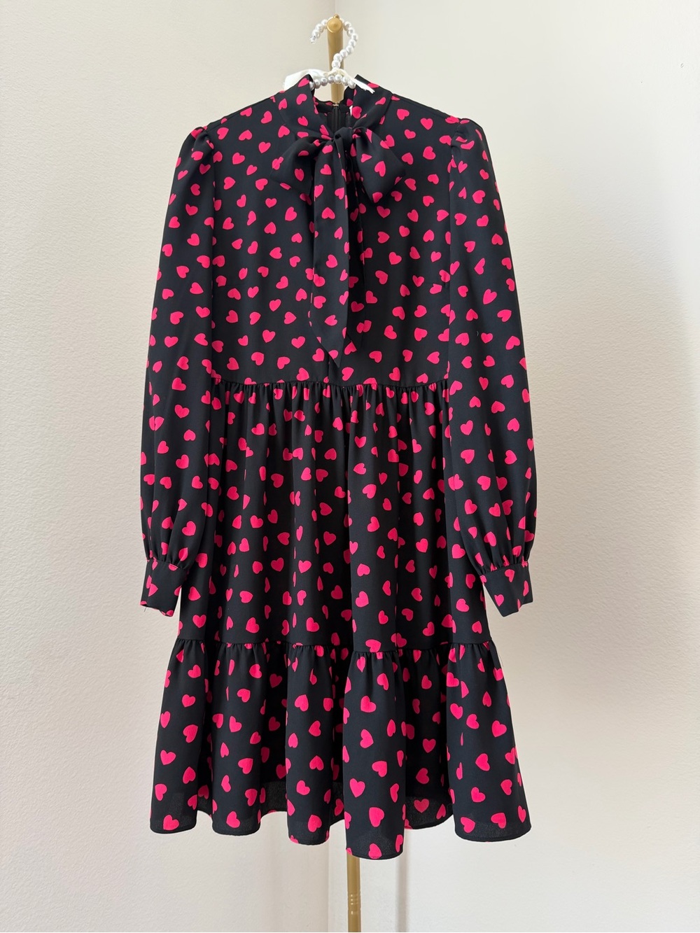 kate spade Black Mini Dress with Hot Pink Heart Print and Neck Tie